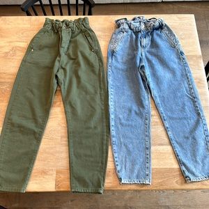 Zara Z1975 Baggy Paperbag Jeans, Olive Green + Mid-Blue, 0